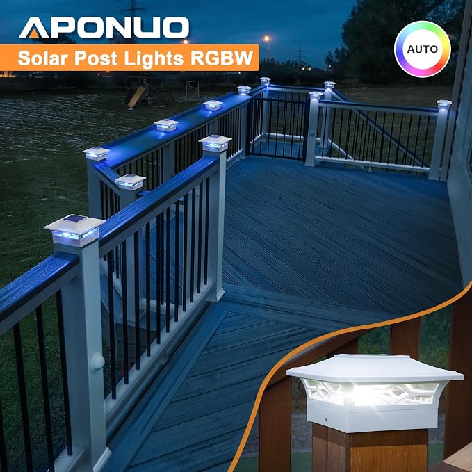 APONUO Solar Post Cap Lights with 8 RGB Colors and Multicolor Flow, Ultra-Bright Clear Lens, IP65 Waterproof for 4x4 5x5 6x6 Wood & Vinyl Fence Posts, 12 Pack White