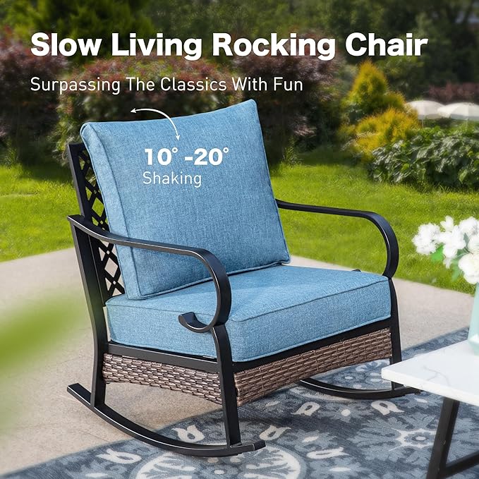 6 Piece Metal Outdoor Patio Furniture Sets with Firepit Table, Patio Conversation Sets 1 3-Seater Sofa, 2 Leg Sofa and 2 Rocking Chair with 5.75" Cushion for Backyard Deck, Denim Blue