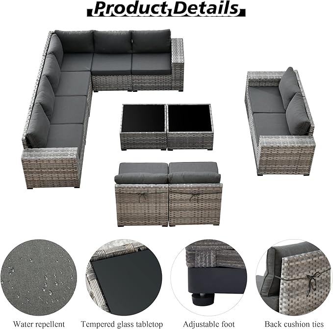 HOOOWOOO Outdoor Patio Sectional Furniture Sofa Set with Widened Armrest,12 Piece Large Modern Wicker Couch,Modular L Shaped Conversation Seating Set with Table for Out Door Garden Corner(Black)