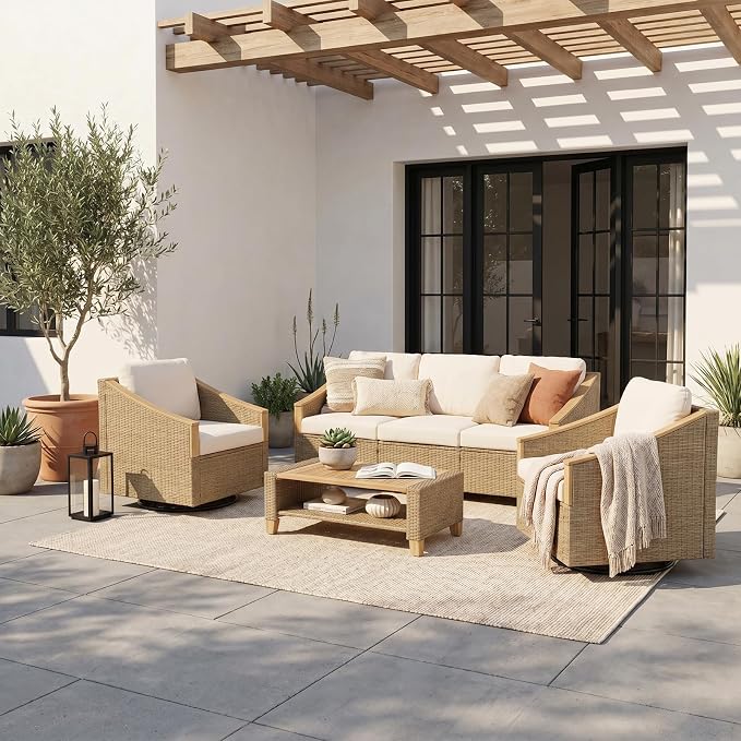SUNSITT 4-Piece Wicker Patio Set with Swivel Chairs, Acacia Wood Accents | 3-seat rattan sofa,2 swivel chairs with acacia wood armrests, 2-layer wood top coffee table, thick cushions for backyard