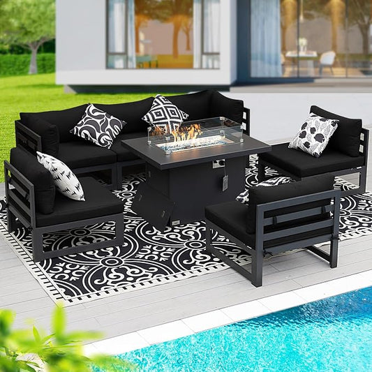 BULEXYARD 7 Piece Luxury Aluminum Outdoor Sectional Sofa with Fire Pit Table, Oversized L Shaped Patio Furniture Set, 29 inch Deep Wide Seating, 500 lbs Heavy Duty Conversation Set for Backyard, Black