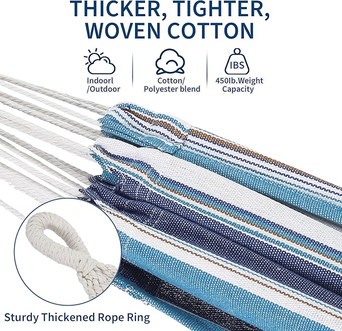 Double Hammock with Stand - Heavy Duty 450lbs Capacity, Portable Cotton Hammock for Two Adults, Indoor & Outdoor Use with Travel Bag, Ocean Stripe Pattern