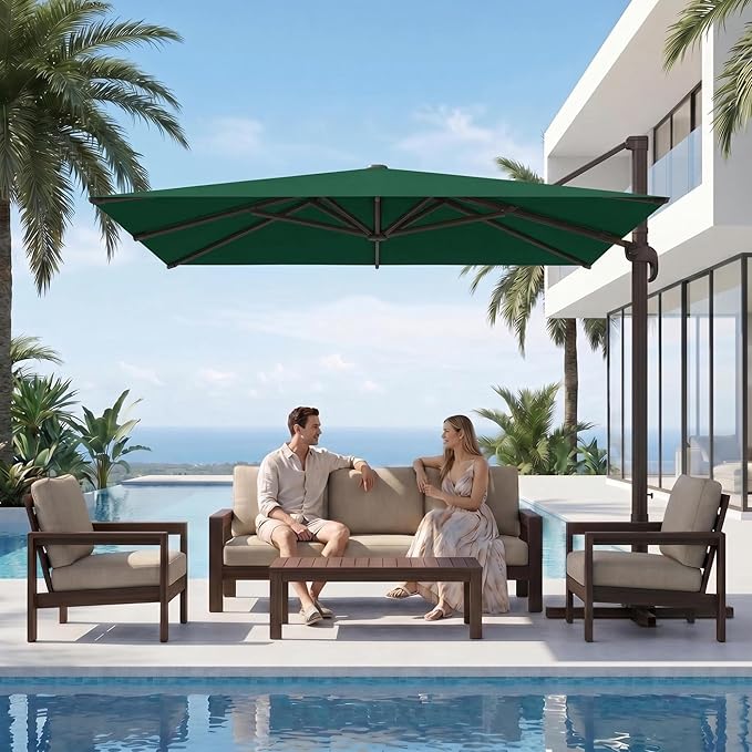 Kingdura 9' X 9' Cantilever Patio Umbrella with Base Included, Large Square Outdoor Offset Umbrella with 360-degree Rotation, 4 Position Tilt, UV Protection for Pool Deck Garden Patio (Dark green)