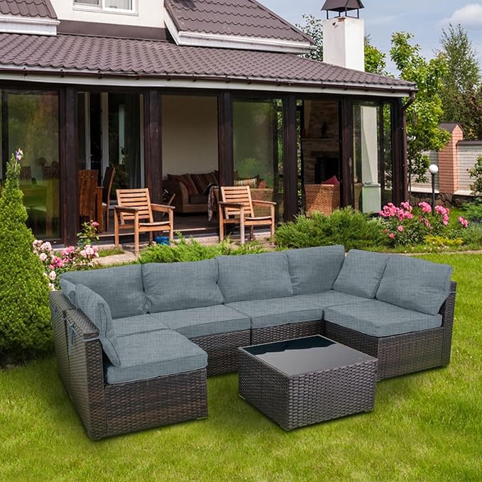 7 Pieces Outdoor Patio Furniture Sets,Rattan Conversation Sectional Set,Manual Weaving Wicker Patio Sofa with Tea Table
