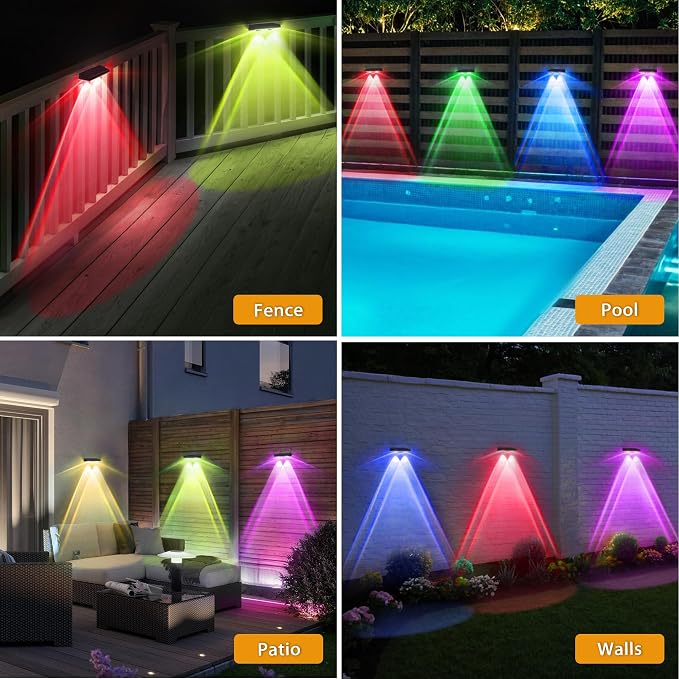 Solar Fence Lights Outdoor - 8 Pack RGB Fence Lights Solar Powered, 7 Color Modes & Warm White, IP67 Waterproof Dusk to Dawn Solar Powered Lights 12+ Hours for Fence/Backyard/Wall/Step/Patio/Deck