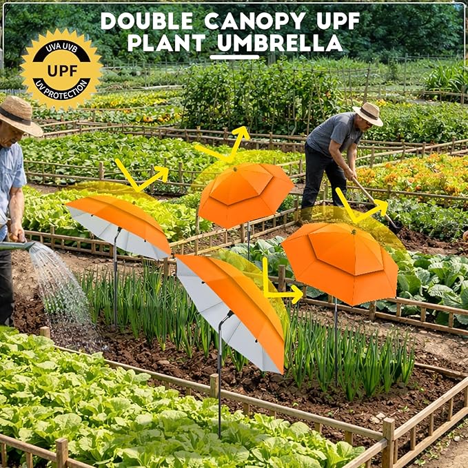 4 Pack 24.9" Double Canopy 47.2" Height Plant Umbrellas for Outdoor Plants, 3D Stakes 360° Adjustable Plant Shades for Outdoor Plants, Garden