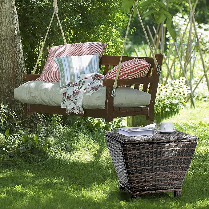 VINGLI Outdoor Side Table with Storage, 13-Gallon Patio Deck Box Outdoor Wicker Side Table for Poolside Balcony Storage Table (Brown, Trapezoid)