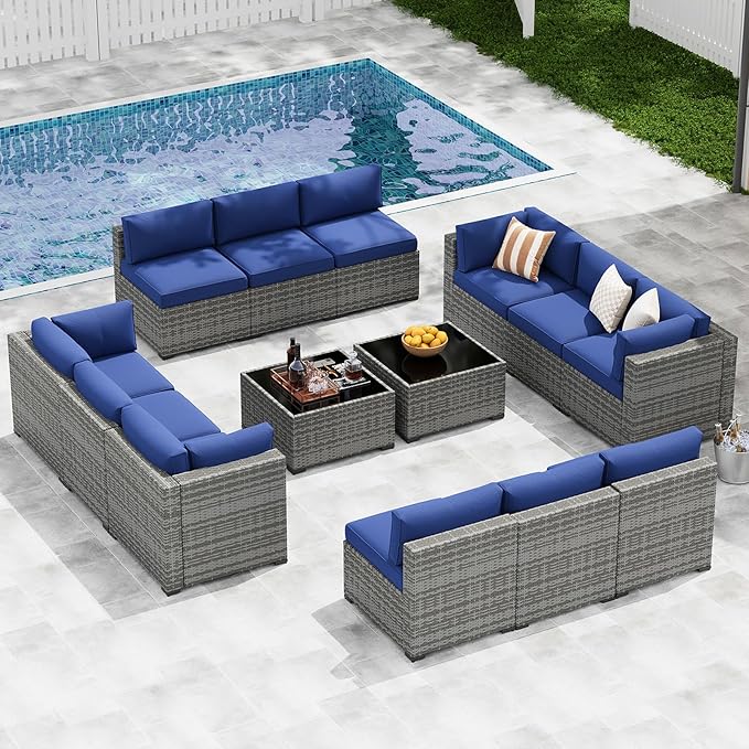 LazySunsets 14-Piece Patio Furniture Set, Wicker Rattan Outdoor Furniture with Thick Cushions, Patio Conversation Sets with Coffee Table, Outdoor Sectional Couch Sofa with Waterproof Cover, Blue