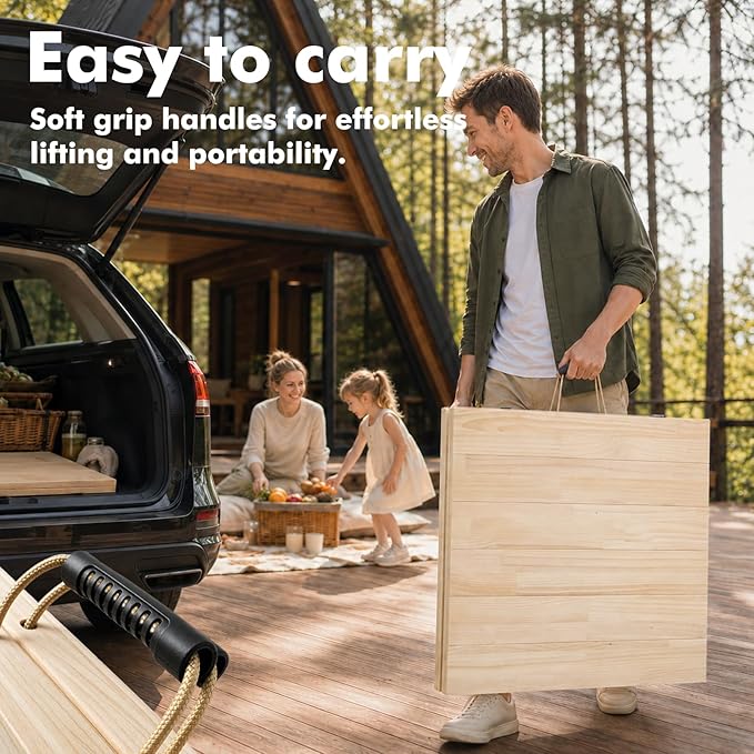 Boho Folding Picnic Table, 60" x 30" Low Wooden Table | Includes Table Runner & Non-Slip Pads, Portable Indoor/Outdoor Table for Camping, Beach, Garden, Wedding & Parties, Seats 6-8