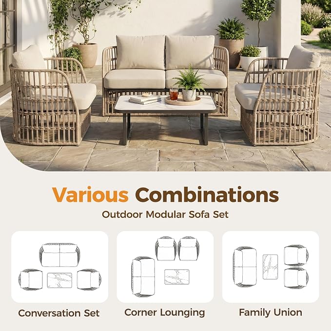 Patio Wicker Furniture Set, Outdoor Sectional Furniture Set, 4 Piece Rattan Patio Conversation Sets, Balcony Loveseat, Outdoor Sofa for Backyard, Garden, Outside, Lawn, Poolside, Beige