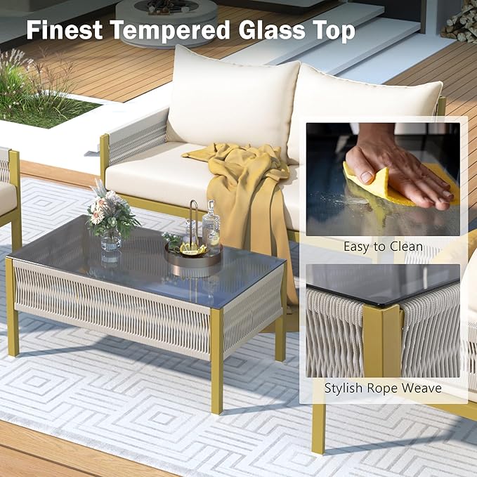 4-Piece Rope Patio Furniture Set, Outdoor Furniture with Tempered Glass Table, Patio Conversation Set Deep Seating with Thick Cushion for Backyard Porch Balcony (Beige&Mustard Yellow)