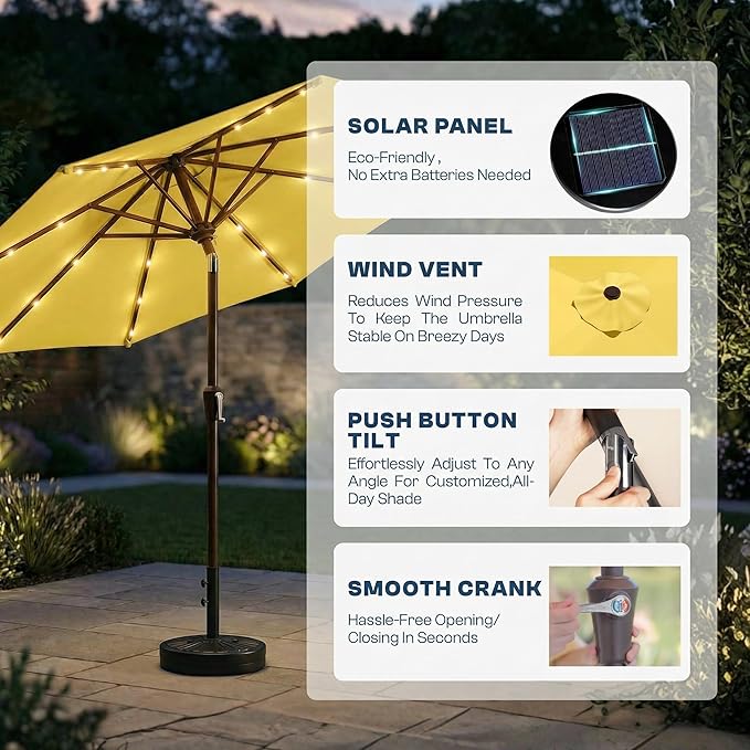 10FT Solar Patio Umbrella with Lights, Outdoor Table Market Umbrella with 32 LED Lights, 8 Sturdy Ribs, Push Button Tilt and Crank for Pool, Deck and Garden, UV-Resistant