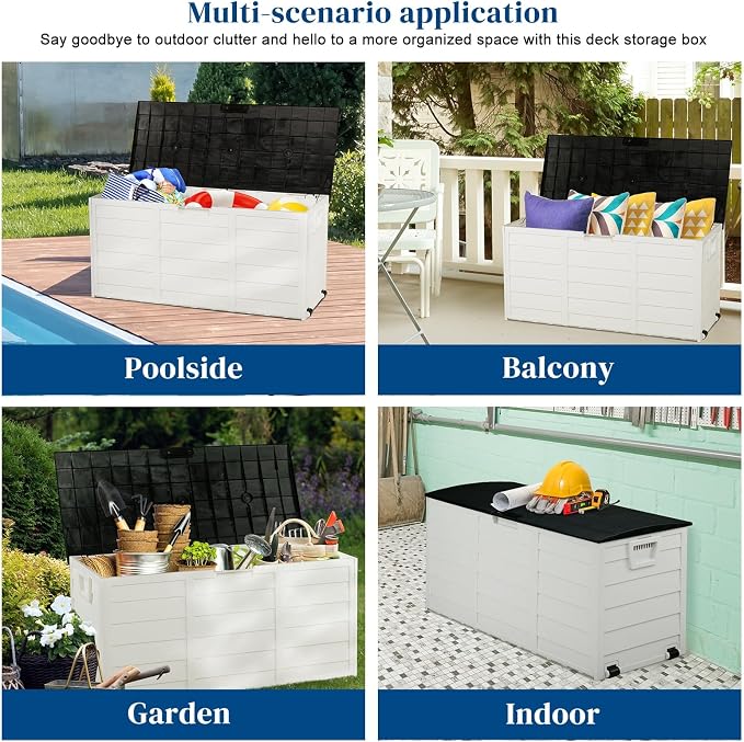 75 Gallon Outdoor Storage Box,Waterproof Deck Box with Lockable Lid&Wheels,Easy-open Outdoor Storage Bench with Handles for Garden,Pool,Balcony (White)