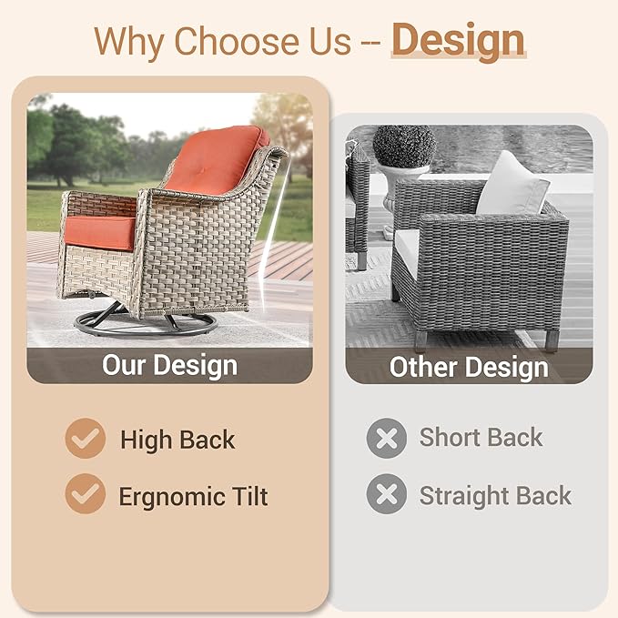 HOOOWOOO Patio Furniture Set,7 Pieces Wicker Outdoor Furniture,High Back Conversation Set with All Weather Resistant Fire Pit Table Couch Swivel Chairs Ottomans,Red