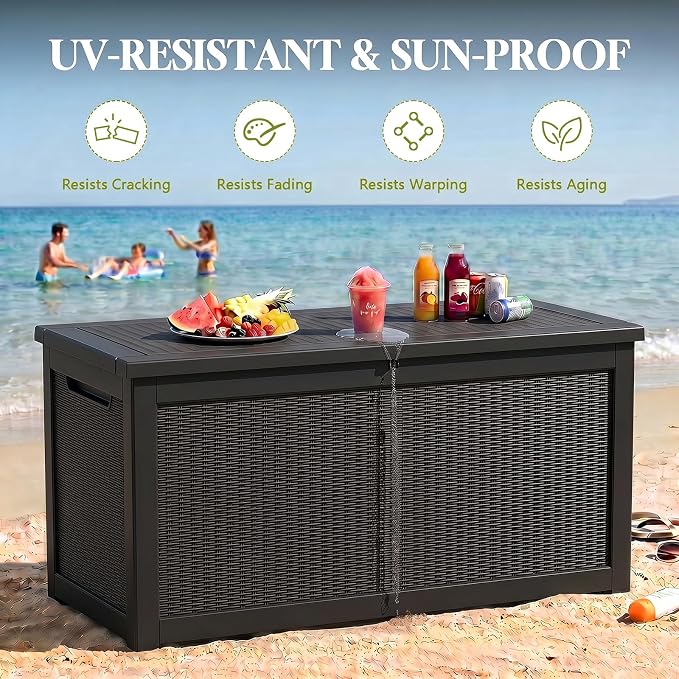 Waterproof Outdoor Storage Box Outside Deck Box Lockable Resin Bench UV Resistant Furniture Cushion Pool Tool Float Bin Patio Garden Porch (Black, 320 Gallon)