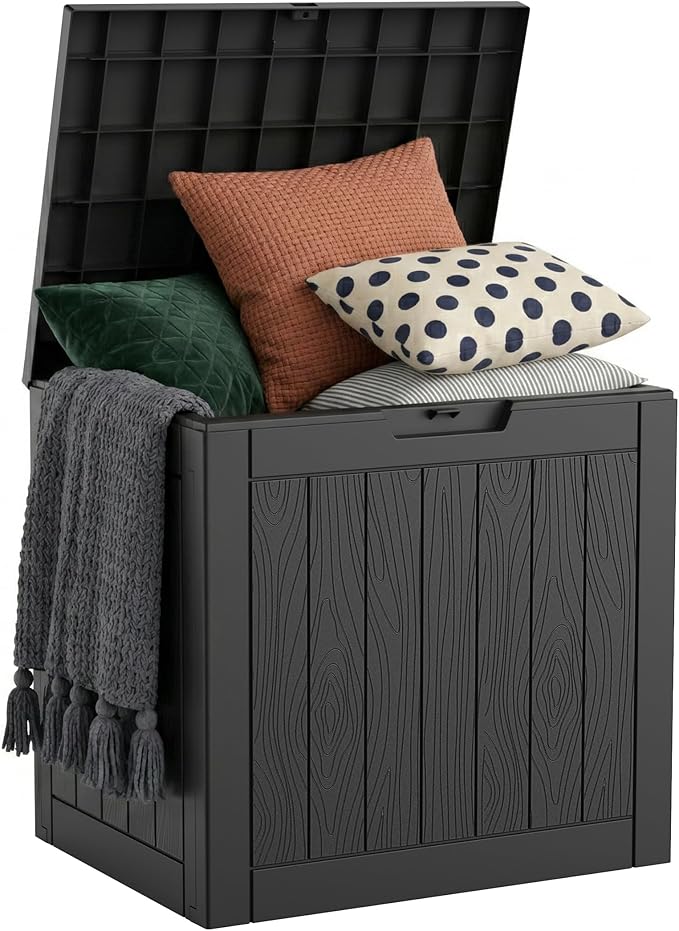DRATO 35 Gallon Outdoor Storage Box Waterproof, Resin Small Deck Box for Patio Furniture Bench, Pool Garden Tools, Weatherproof Outside Storage Bin for Backyard Porch (Black, 35 Gallon)