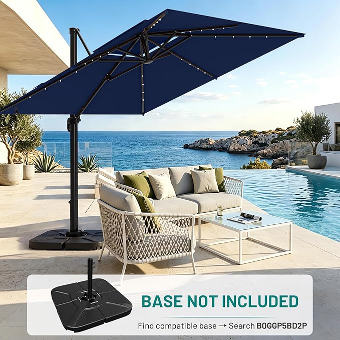 AreShark 10×10FT Solar LED Cantilever Umbrella, Double-Top Outdoor Patio Offset with 360 Degree Rotation, Square Offset Hanging Umbrella for Garden Deck Pool, Navy