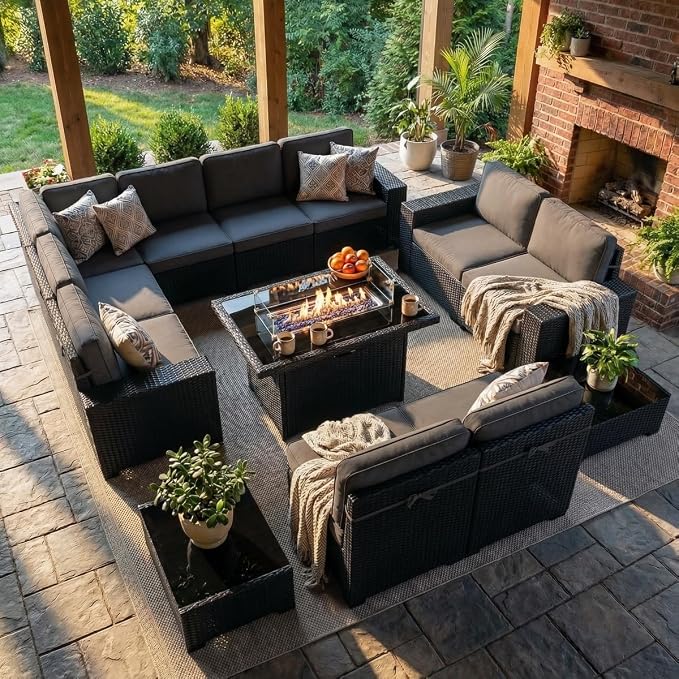LayinSun 13 Pieces Outdoor Patio Furniture Set with 44" Fire Pit Table Rattan Sectional Sofa Conversation Sets