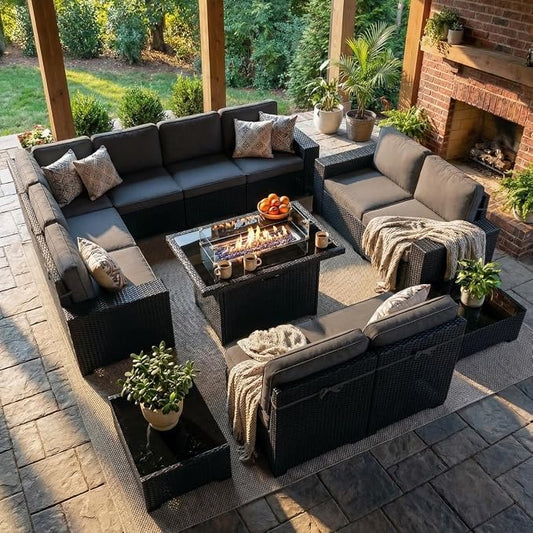 LayinSun 13 Pieces Outdoor Patio Furniture Set with 44" Fire Pit Table Rattan Sectional Sofa Conversation Sets