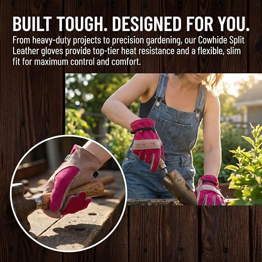 Leather Gardening Gloves for Women-Best Gift for Gardeners.Pink S | Welding, Construction, Chainsaw, Farm, Weeding Gloves, Cowhide, Soft Lining, Breathable, Utility, Firm Grip, Wear Resistant
