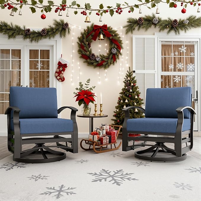 3 Piece Aluminum Swivel Rocking Chair Set, Outdoor Patio Swivel Gliders Chair with Glass Top Coffee Table, Conversation Furniture Set Suitable for Patio, Lawn, Outdoor, Back Garden(Dark Blue)