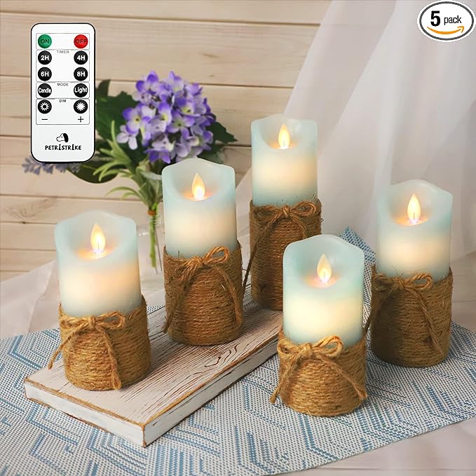 Flickering Flameless Candles, Battery Candles with Remote & Timer, Blue Led Pillar Candles for Ocean Decor, Beach Decorations, Party - Set of 5