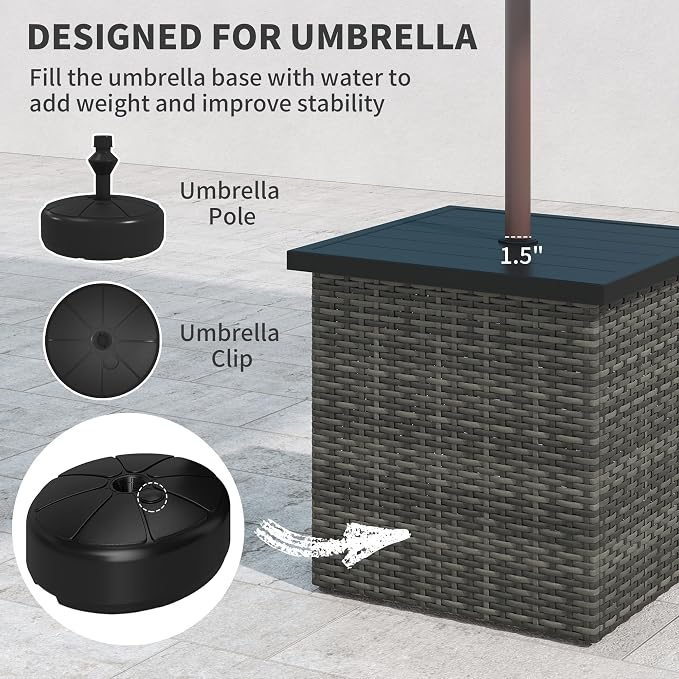 Outsunny All Weather Wicker Side Table with 1.5" Umbrella Hole, Square PE Rattan Outdoor End Table with Umbrella Base, UV-Resistant Frame, Storage Space for Patio, Garden, Poolside, Deck, Mixed-Gray