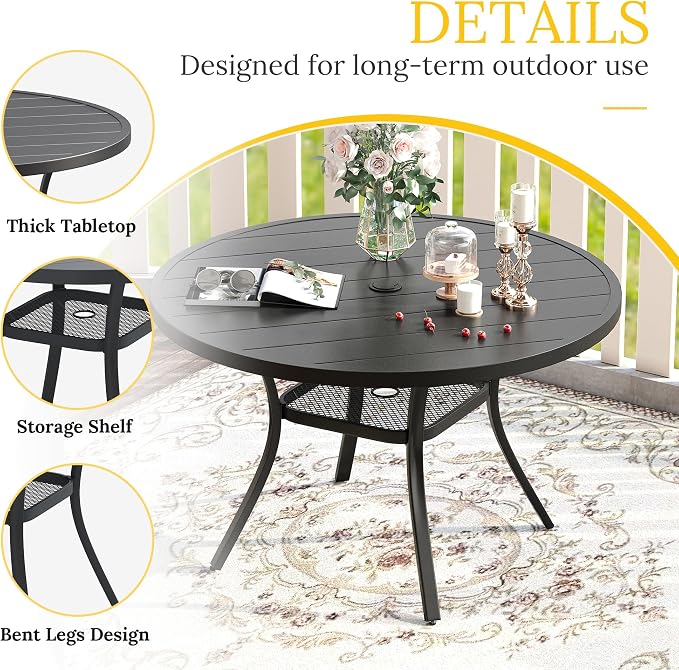 VICLLAX 41.2"x 28" Outdoor Round Patio Table for Lawn Garden, All Weather Metal Round Patio Dining Table with Adjustable Umbrella Hole, Patio Table for 4 Person, Black Tabletop