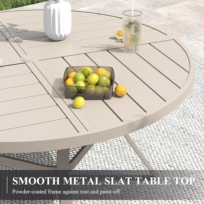 VICLLAX 47.2" Round Patio Table with Umbrella Hole, All Weather Metal Outdoor Dining Table for 6, Outside Table with Storage Shelf for Lawn Garden, Sandshell Color
