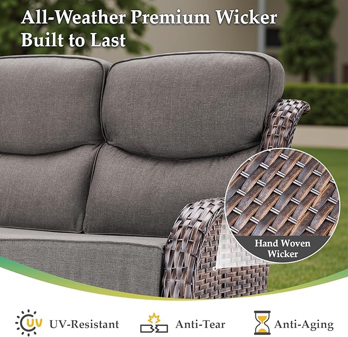 Luxury 8 Pieces Outdoor Patio Furniture Set-All Weather Wicker Swivel Rocker Patio Chairs with 6" Thick Cushion Rattan Sofa Coffee Table, Outdoor Conversation for Garden Porch Backyard(Brown/Grey)