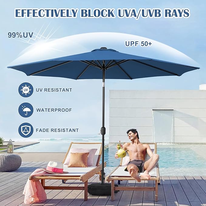 Sundale Outdoor 10 ft Patio Umbrella with Sand Bag Umbrella Base Included, Outdoor Umbrella with Tilt and Crank, Navy