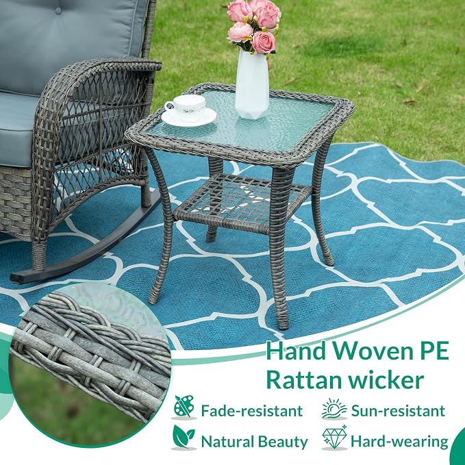 VIVIJASON Outdoor Wicker Side Table, All-Weather Rattan Patio Side Table Bistro Table with 2-Tier Storage, Tempered Glass Top Square End Table for Indoor, Balcony, Garden, Porch, Deck, Gray