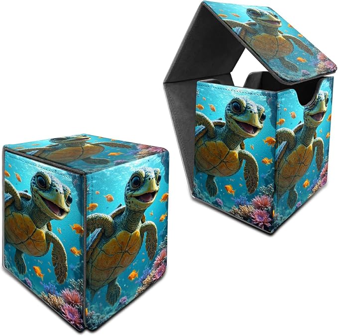 Baby Sea Turtle Card Deck Box for MTG, Personalized Card Storage Case Fits 120+ Sleeved Cards, Premium Leather TCG Box with Strong Magnetic Closure for Magic, CCG, PTCG, Baseball Cards