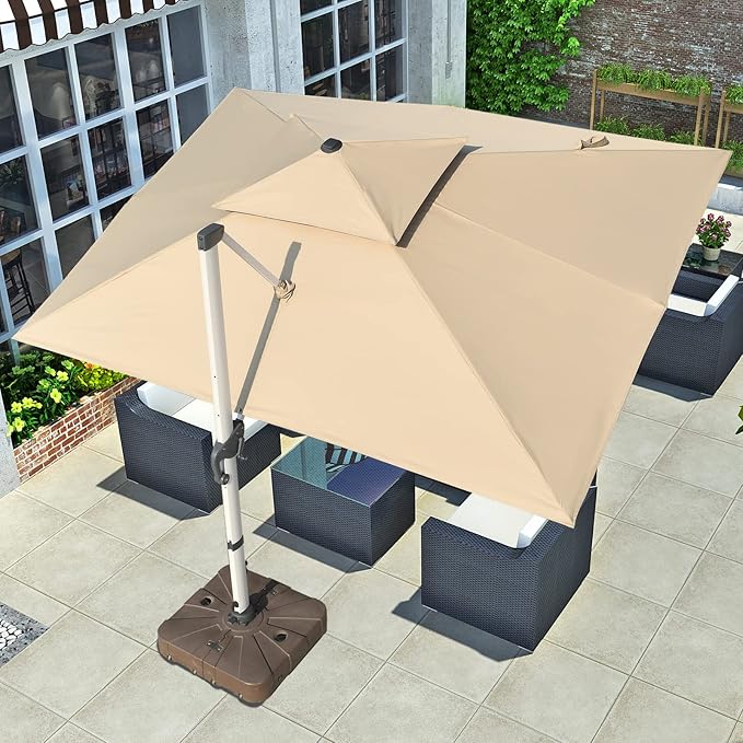 Cantilever Patio Umbrella with Cross Base and Cover Included - 360° Rotation Large Heavy Duty Offset Outdoor Umbrella with Easy Tilt for Pool Backyard Deck Garden (10x13 FT Khaki)