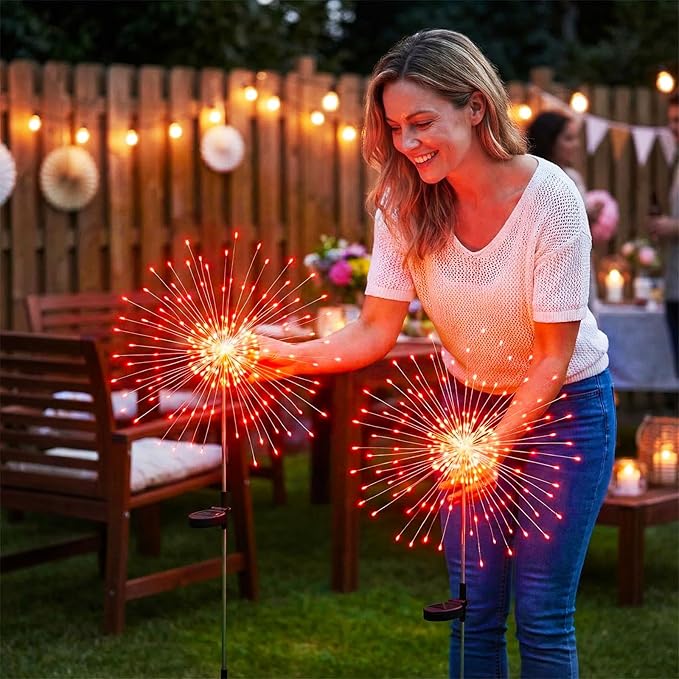 Solar Firework Lights Outdoor, 200 LED Starburst Garden Lights, Adjustable Height 2/3-Rod up to 51in, Stainless Steel, 2 Lighting Modes, IP65 Waterproof Pathway Light for Yard Patio Lawn