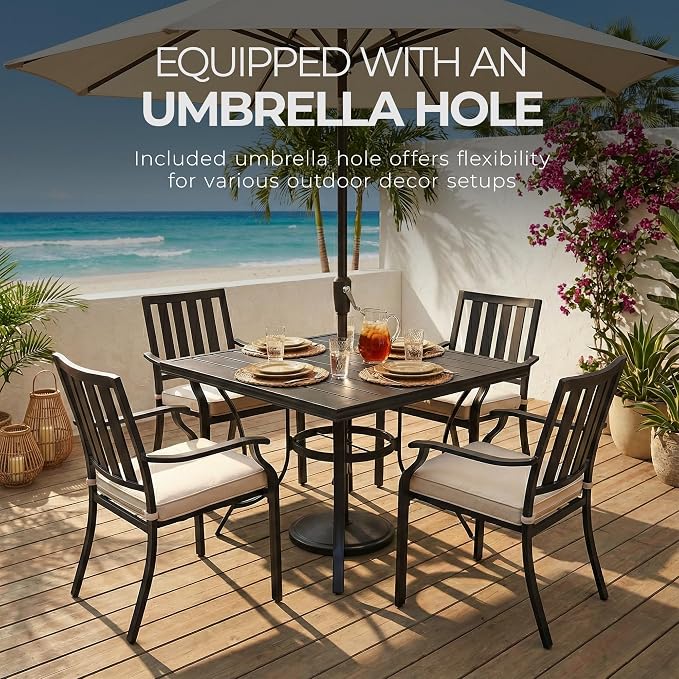 Four Seasons Courtyard Palermo Aluminum Slat Top Outdoor Square Patio Bistro Dining Table with Umbrella Hole and Tapered Leg Design, Gray