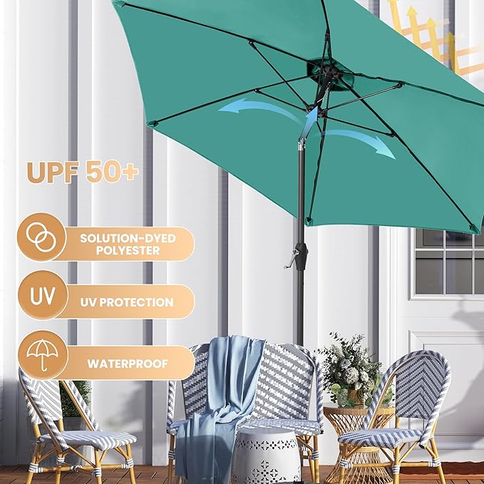 Ayge 7.5FT Large Outdoor Patio Umbrella Market Table Umbrella-UV Resistant, Easy Push Button Tilt and Crank, 6 Sturdy Fiberglass Ribs Heavy-Duty Pool Umbrella for Deck, Backyard,Garden, Yard,Turquoise