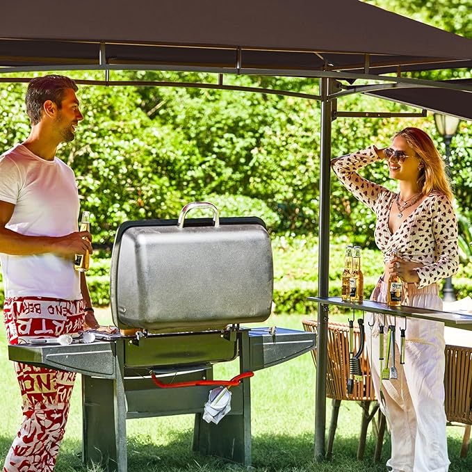 FAB BASED 5x8 Grill Gazebo with Extra Awning, All-Weather Steel Construction, Double Tiered & Resistant Canopy Roof, Metal Serving Shelves, 2 LED, Bottle Opener for Patio, Backyard, BBQ (Brown)