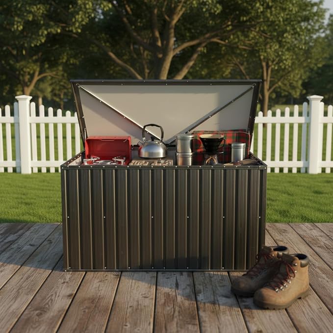 Outdoor Metal Storage Box 215 Gallon, Patio Deck Box for Cushions, Tools & Toys, Weather-Resistant Garden Storage Container for Backyard, Patio & Terrace