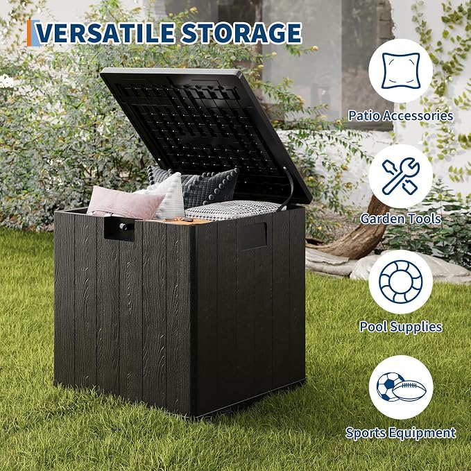 28 Gallon Outdoor Storage Box, Blow Molded Deck Box with Imitation Rattan Pattern, Heavy Duty Waterproof Resin Deck Box No Assembly Required, Lockable Patio Storage Box for Cushions Garden Tools Pool