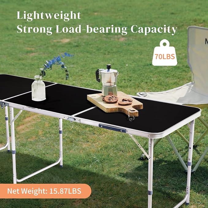 6 Ft Folding Portable Camping Table, Tri-fold Outdoor Picnic Table, Outdoor Camping Kitchen, BBQ, Picnic, Cooking, Beach, Garden, Party (Black)
