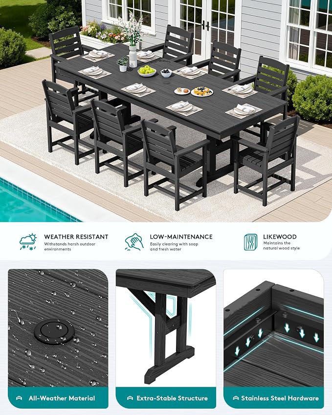 SERWALL 10 Piece Outdoor Dining Set with 15ft Triple-Head Foldable Umbrella(Based not Included), 84" HDPE Outdoor Table and Chairs for 8, Black