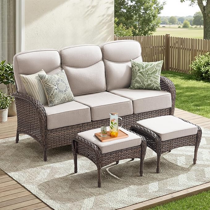 3 Pieces Luxury Patio Furniture Sofa Set with 6-Inch Thick Cushions, Outdoor Wicker Patio Furniture Covered Couch with Multifunctional Ottoman, Patio Conversation Set for Porch Garden, Beige