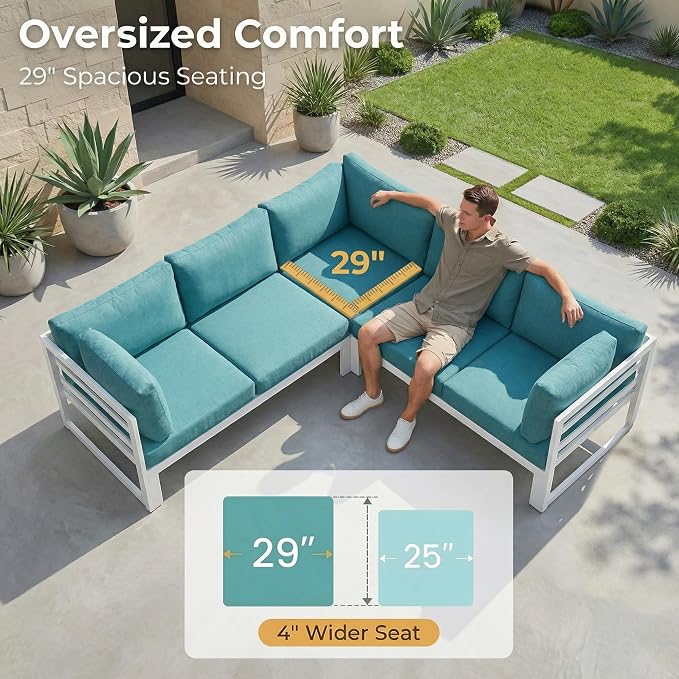 RADIATA Oversized Modern Aluminum Patio Furniture Set with Lounge Chair & Fire Pit Table, 29" Wide Deep Seated, Comfy Outdoor Sectional Sofa Set of 11, 500 lbs Heavy Duty Conversation Set, Turquoise