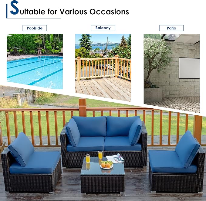 DORTALA 5 Pieces Patio Furniture Set, Outdoor Rattan L-Shaped Corner Sofa Set with Cushions, Coffee Table, Patio Sectional Conversation Set for Backyard Porch Garden Poolside, Navy