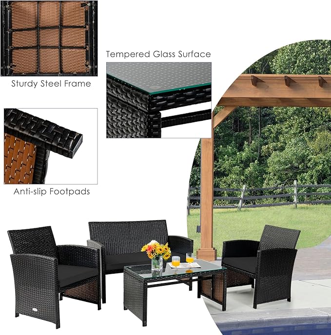 Tangkula 4 Pieces Rattan Furniture Set, Outdoor Conversation Set w/Chair & Loveseat & Tempered Glass Coffee Table, Suitable for Garden, Backyard, Poolside, Patio Furniture Set for 4 (1, Black)