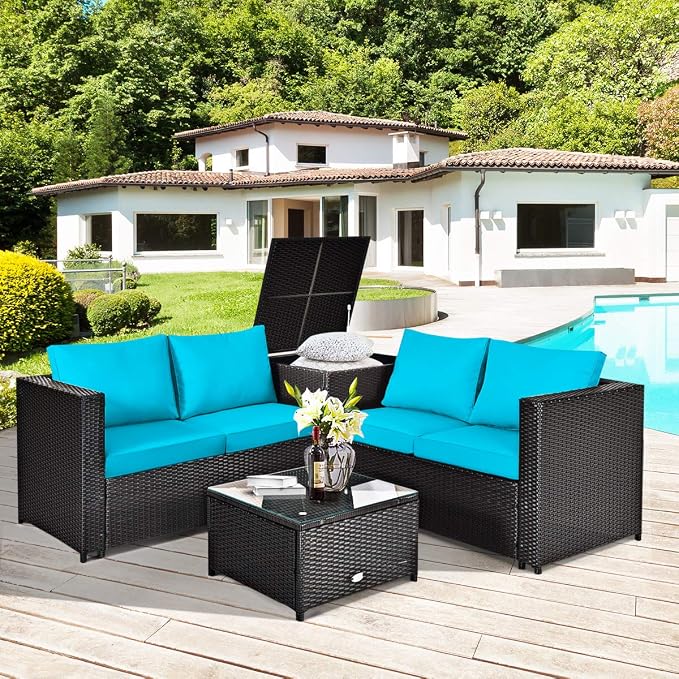 HAPPYGRILL 4-Piece Rattan Wicker Conversation Set Outdoor Patio Furniture Sofa Set with Storage Box & Tempered Glass Coffee Table for Backyard Garden Porch