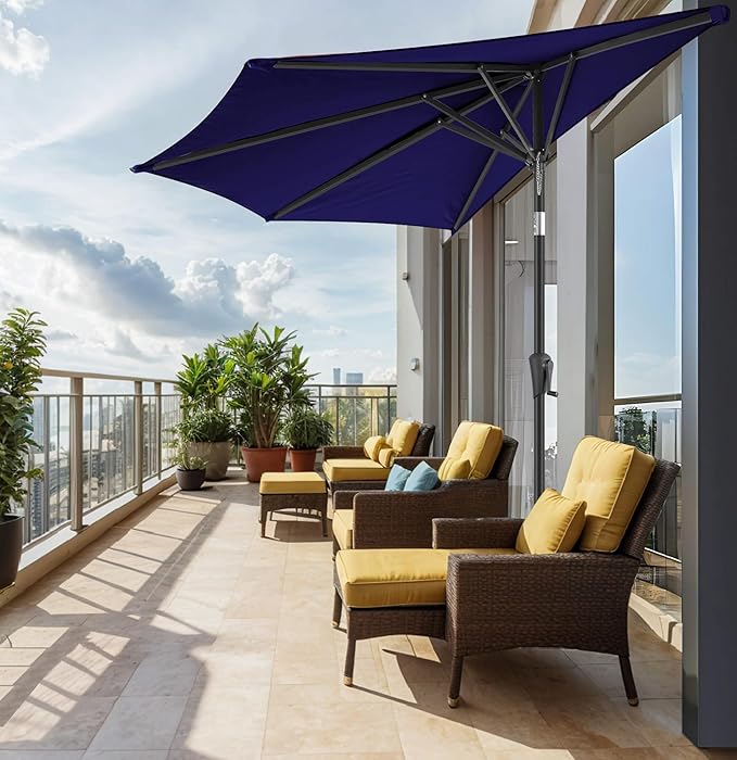 FLAME&SHADE 9ft Half Patio Umbrella - Half Outdoor Umbrella with Tilt UV Protection Waterprool, Half Round Table Umbrella for Wall Balcony, Pool, Porch, Garden, Deck, Market, Backyard (Navy Blue)
