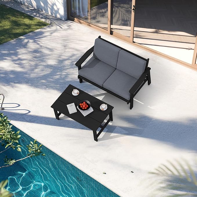 SERWALL Outdoor Loveseat, Black Frame and Grey Cushion