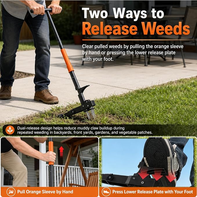 Stand Up Weed Puller Tool - 43" Long Handle Garden Weeder With Foot Pedal, Heavy Duty Steel Claw Weed Remover For Uprooting Dandelions, Thistles, Crabgrass - Garden Yard Lawn Root Grabber Removal